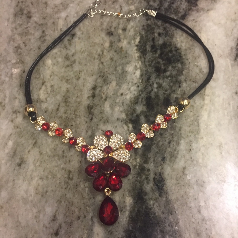 Ruby Red & Crystal Rhinestone Necklace - Picture 3 of 8